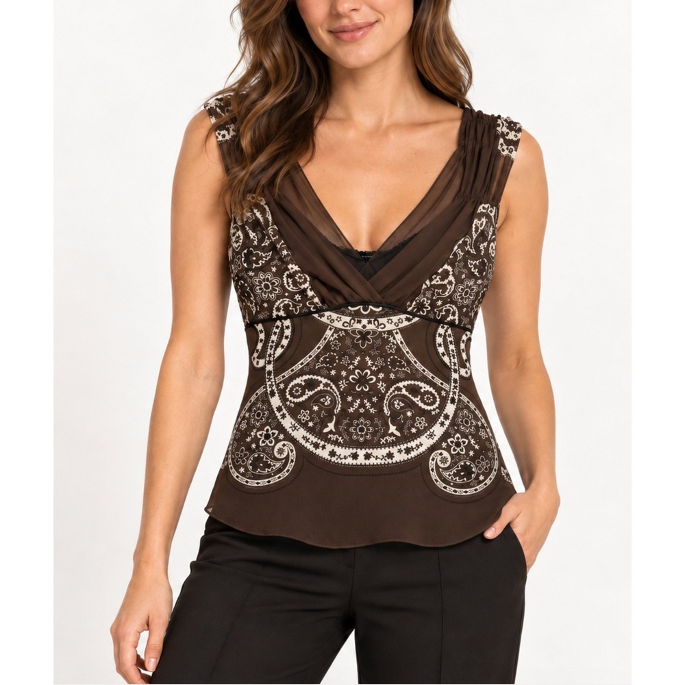 Elie Tahari Brown Chocolate Paisley Silk Blend V-Neck Sleeveless Top Boho - S